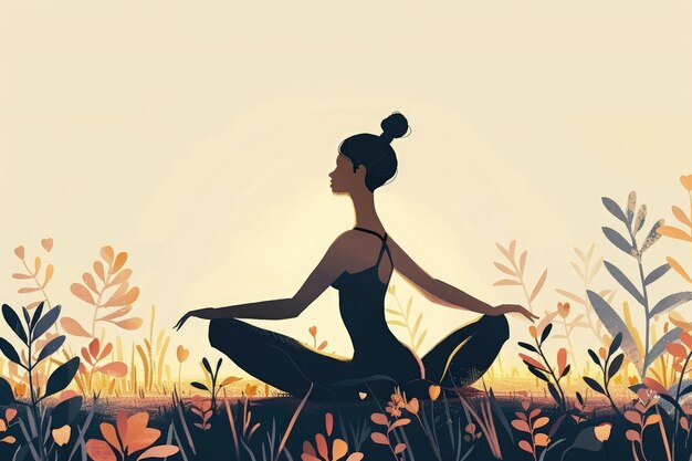 A woman is sitting in a field doing yoga