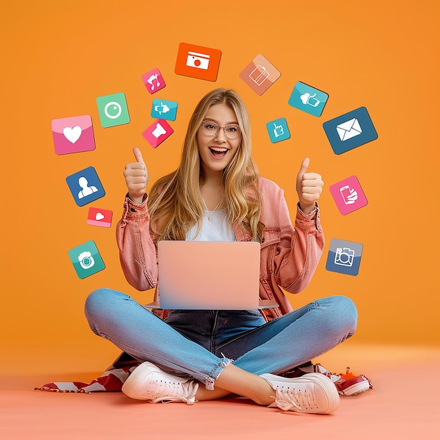 woman is sitting on the floor with laptop on his legs plain background