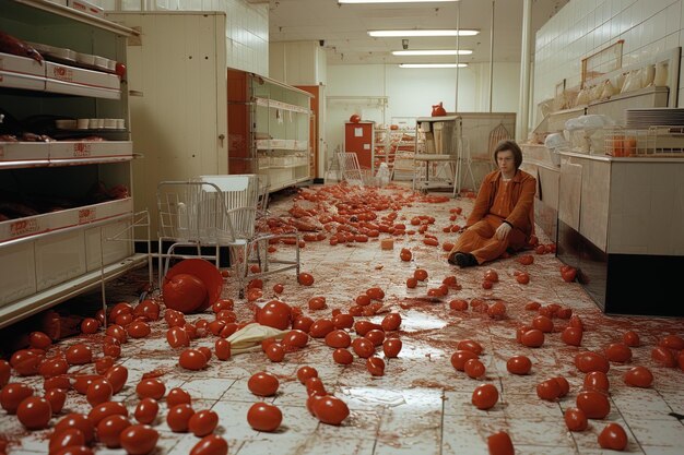 Photo a woman is sitting on the floor with a lot of red tomatoes