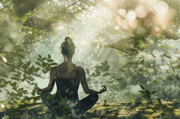 A woman is sitting in a forest meditating