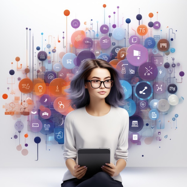 a woman is sitting in front of a colorful background with the words " t. "