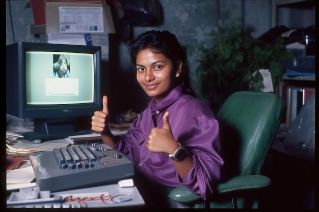 A woman is sitting in front of her computer giving a thumbs up