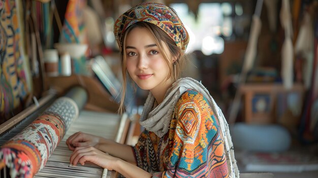 Photo a woman is sitting in front of a loom wearing a colorful scarf and a headband she is smiling and she is enjoying her work