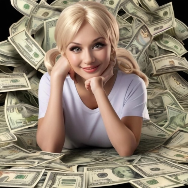 a woman is sitting in front of a pile of moneydollar