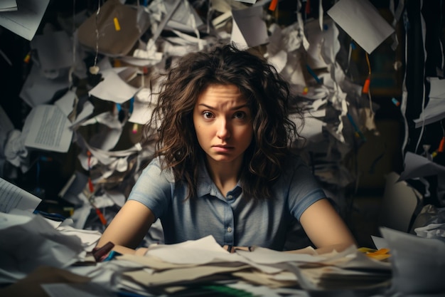 Photo a woman is sitting in front of a pile of papers and looking at the camera