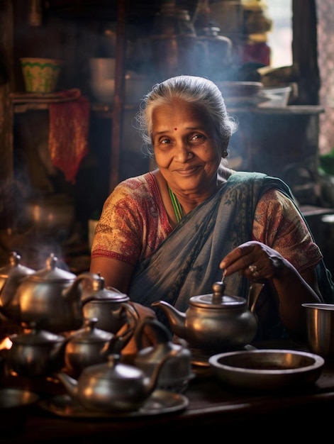 A woman is sitting in front of a pot with a fire in it.