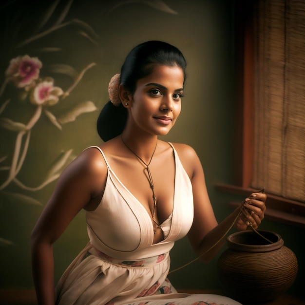 A woman is sitting in front of a window with flowers on the wall behind her.