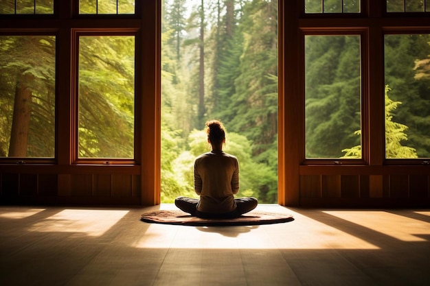 a woman is sitting in front of a window with a tree in the background.