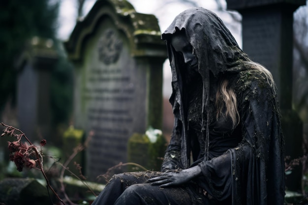 a woman is sitting on a grave in a cemetery