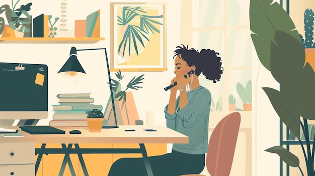 A woman is sitting at her desk in her home office She is wearing a casual outfit and has her hair in a ponytail