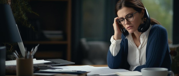 Foto una donna è seduta alla sua scrivania e sta parlando al telefono