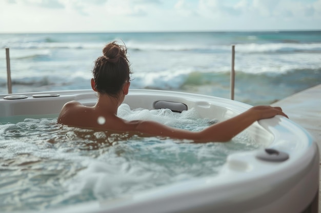 Женщина сидит в горячей ванне у океана.
