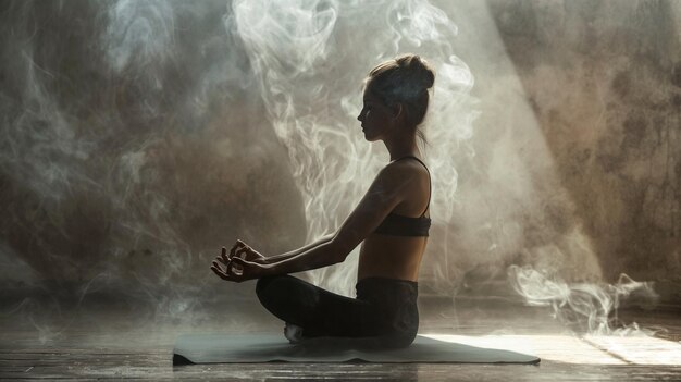 a woman is sitting in lotus position and meditating