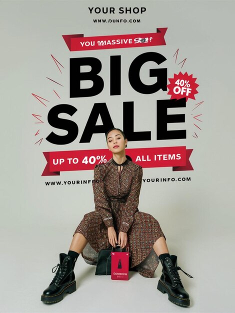 Photo a woman is sitting on a mannequin wearing a dress and a bag that says big sale