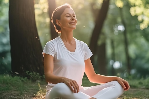 A woman is sitting in the middle of a forest doing yoga Generative AI