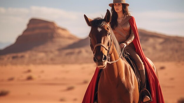 Photo a woman is sitting on a red horse