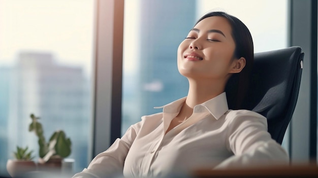 A woman is sitting and relax in a chair after job done Office life