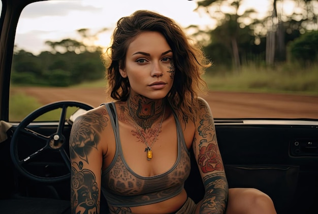 A woman is sitting on a road at the of a pickup truck and has tattoos in the style of joyful