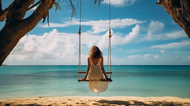 A woman is sitting on a swing on the beach.