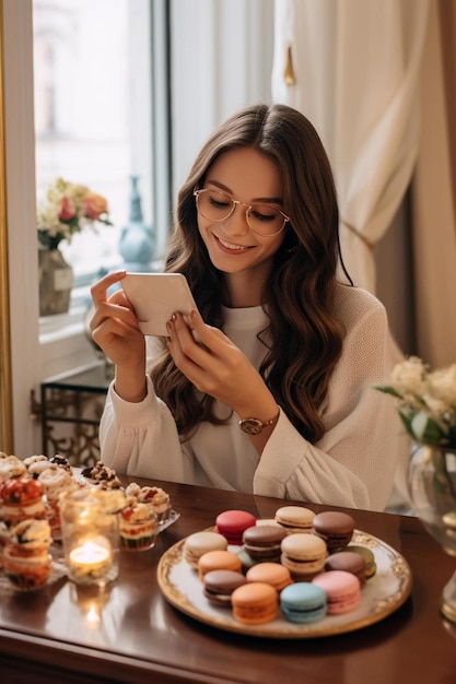 Photo a woman is sitting at a table with a cup of coffee and a plate of food