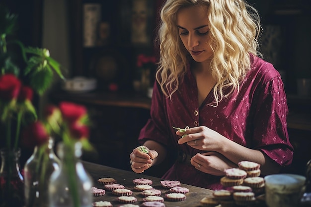 a woman is sitting at a table with cupcakes and a flower in the background