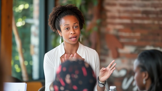 Photo a woman is sitting at a table with her hands in the air