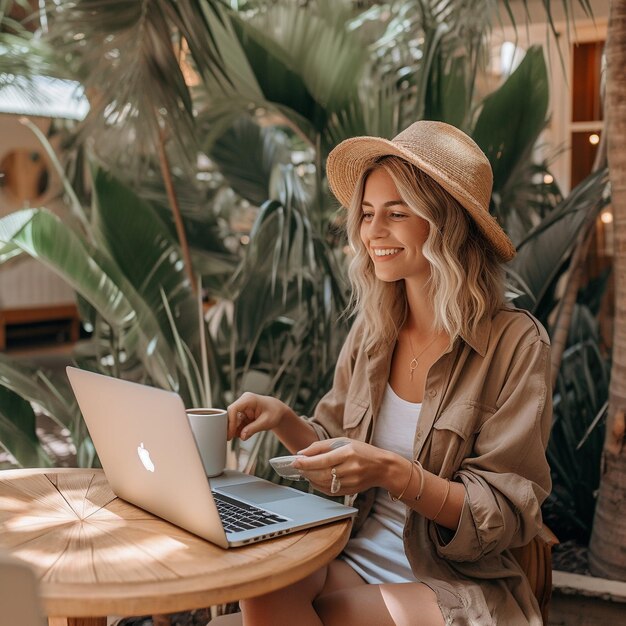 a woman is sitting at a table with a laptop and a coffee cup