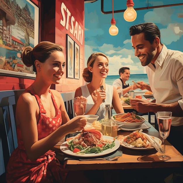 a woman is sitting at a table with a man and woman eating food