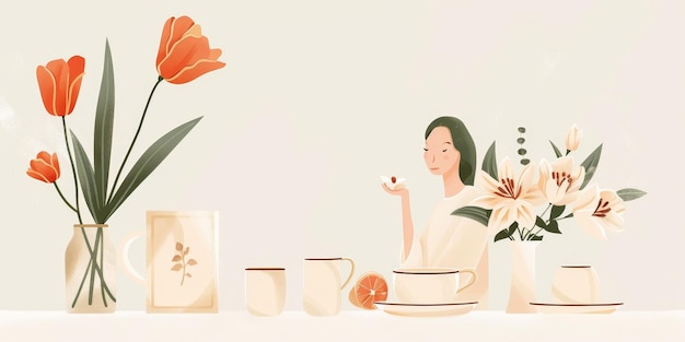 A woman is sitting at a table with a vase of flowers and a cup of coffee She is holding a pastry in her hand The scene is peaceful and relaxing