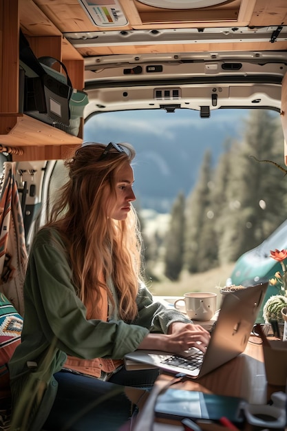 Photo a woman is sitting in a van with a laptop and a laptop