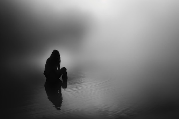 Photo a woman is sitting in the water looking down