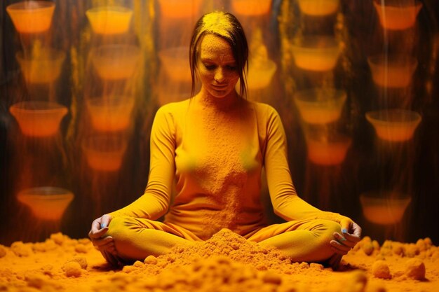 Photo a woman is sitting in a yellow shirt with the words 