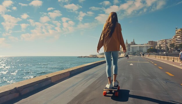 A woman is skateboarding on a road near the ocean