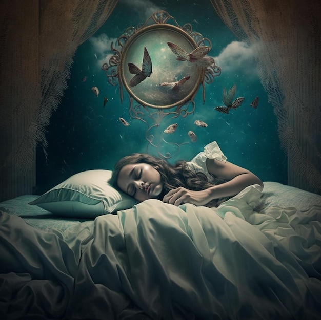 Photo a woman is sleeping in a bed with a painting of birds above her.