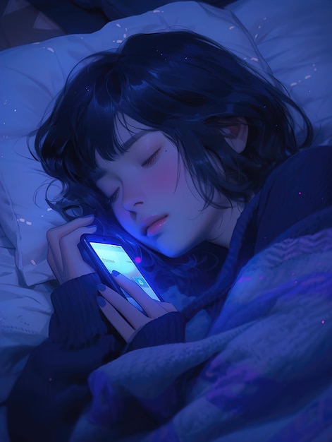 a woman is sleeping in bed with a phone in her hand.