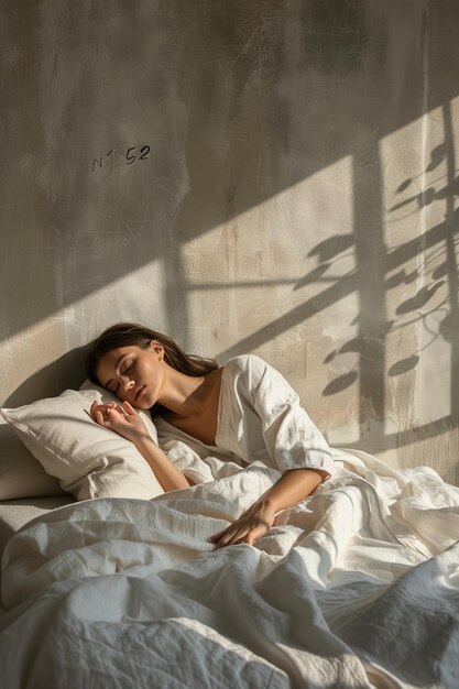 Photo a woman is sleeping in a bed with a pillow and the word  02  on the side