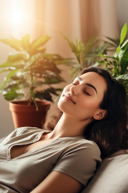 Photo a woman is sleeping on a bed with plants and a plant in the background