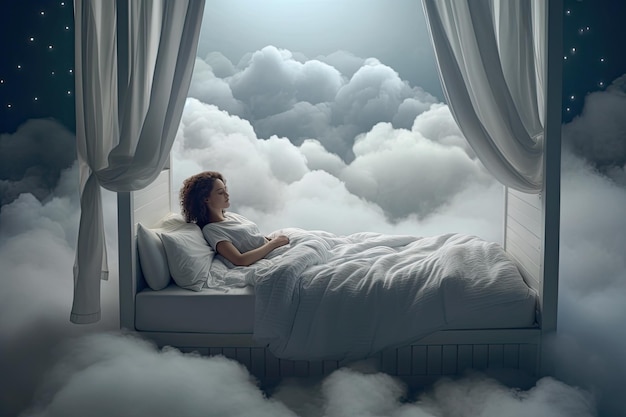 Женщина спит в постели с небом позади нее.