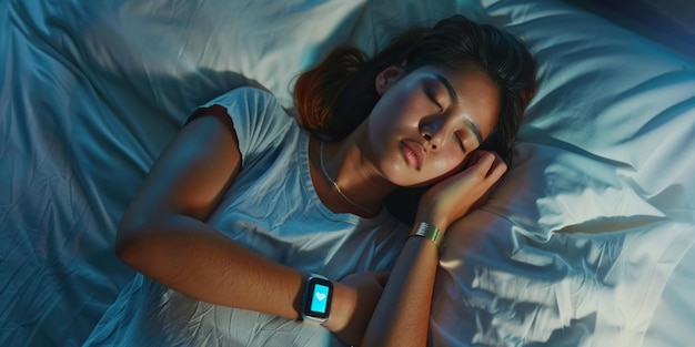 Photo a woman is sleeping on a bed with a smart watch on her wrist the watch is displaying a blue light which could be a notification or a reminder the woman is in a relaxed state