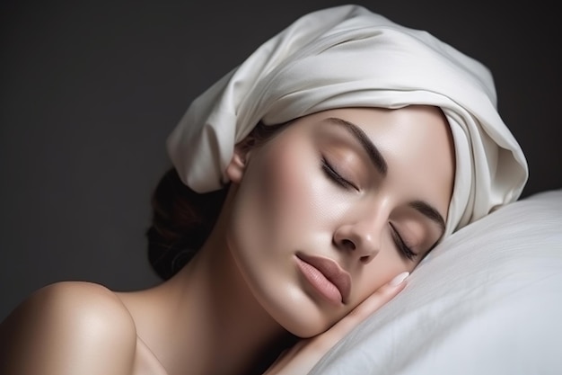 A woman is sleeping on a bed with a towel on her head.