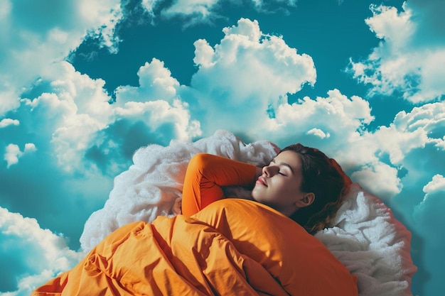 Photo a woman is sleeping in a cloud filled sky