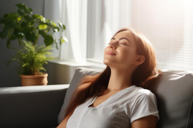 a woman is sleeping on a couch with a plant in the background