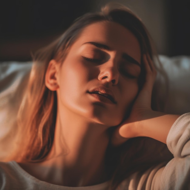 A woman is sleeping on a pillow with her eyes closed