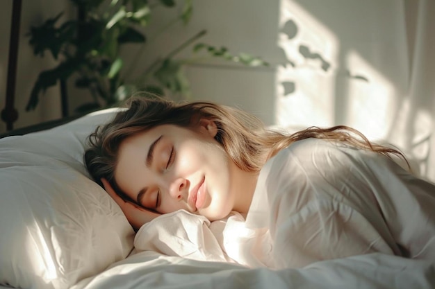 a woman is sleeping in a white bed