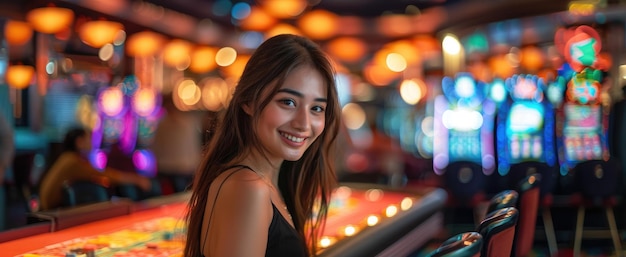 Photo a woman is smiling at the camera in a casino