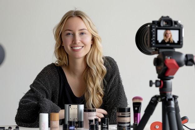 a woman is smiling next to a camera and she is posing with a camera