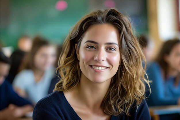 A woman is smiling in a classroom