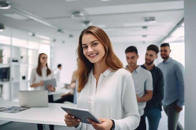 Photo a woman is smiling and fellow economist a young employee in a finance company in a shirt