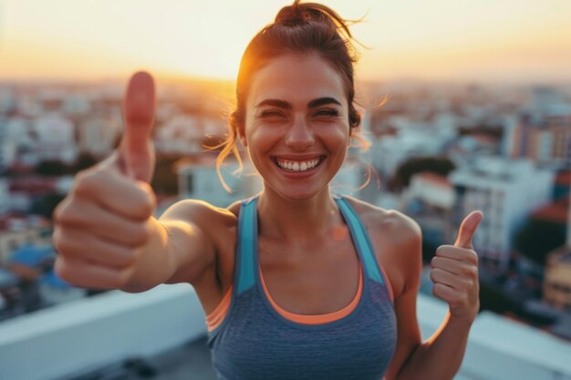 Photo a woman is smiling and giving a thumbs up while standing on a rooftop