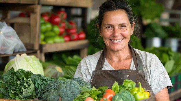 A woman is smiling and holding a basket of vegetables